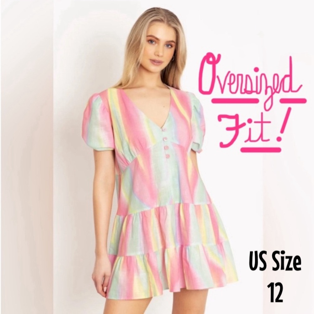 BLACKMILK Rainbow Puff Sleeve Smock DRESS! US 12 Oversized Cotton Pastel Tiered